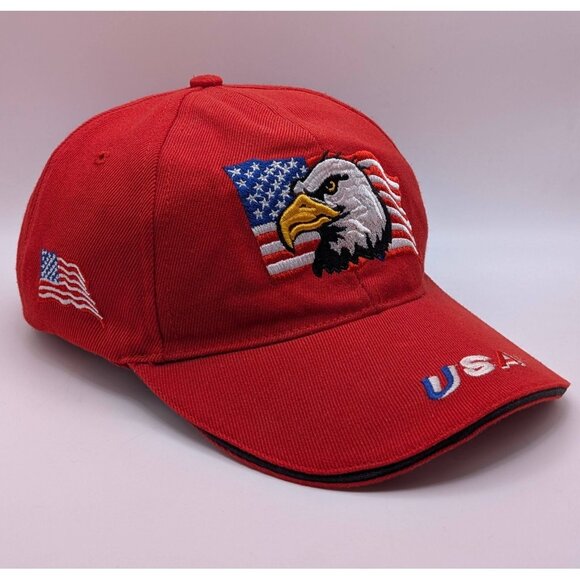 USA Bald Eagle America Hat Cap Strap Back Adult One Size Red Embroidered Flag - Picture 1 of 4